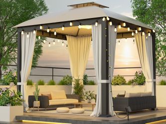 10X10FT Softtop Metal Gazebo with Mosquito Net&Sunshade Curtains,Sturdy Heavy Duty Double Roof Canopy,Galvanized Steel Design Outdoor Tent,Suitable fo