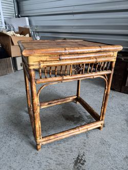 Vintage MCM Boho Bamboo Wicker Rattan Woven Asian Small End Or Side Table
