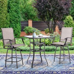 New Set of 3 Patio Swivel Chairs, All Weather Textilene Mental Swivel Chairs, Set of 2 Chairs and High Glass Bar Table, High Top Bistro Set  New in bo
