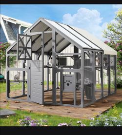 Extra Large Catio Outdoor Cat Enclosure, Walk-in Outdoor Pet House for Multiple Cats, Catio Cat Run Cage with Bridges, PVC Roof, Weatherproof Cover, 7