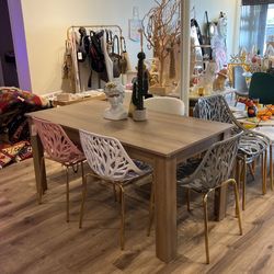 Oak Wood Dining Table Set For 6 People With Chairs 