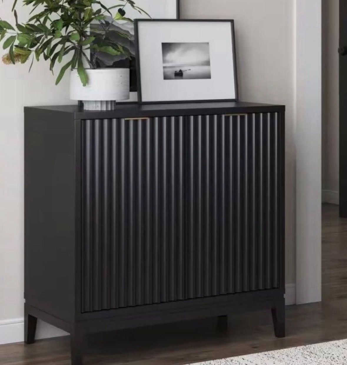 Open Box New Nathan James Jasper Black Oak Finish MDF 31 in. Sideboard Accent Storage Cabinet with Fluted Doors and Adjustable Shelves