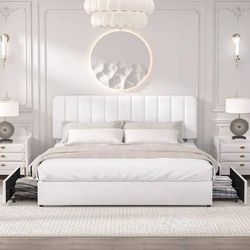 Platform Storage Bed White Metal Plus Wood Bed Frame King Platform Bed with Velvet Upholstered Headboard and 4-Drawers