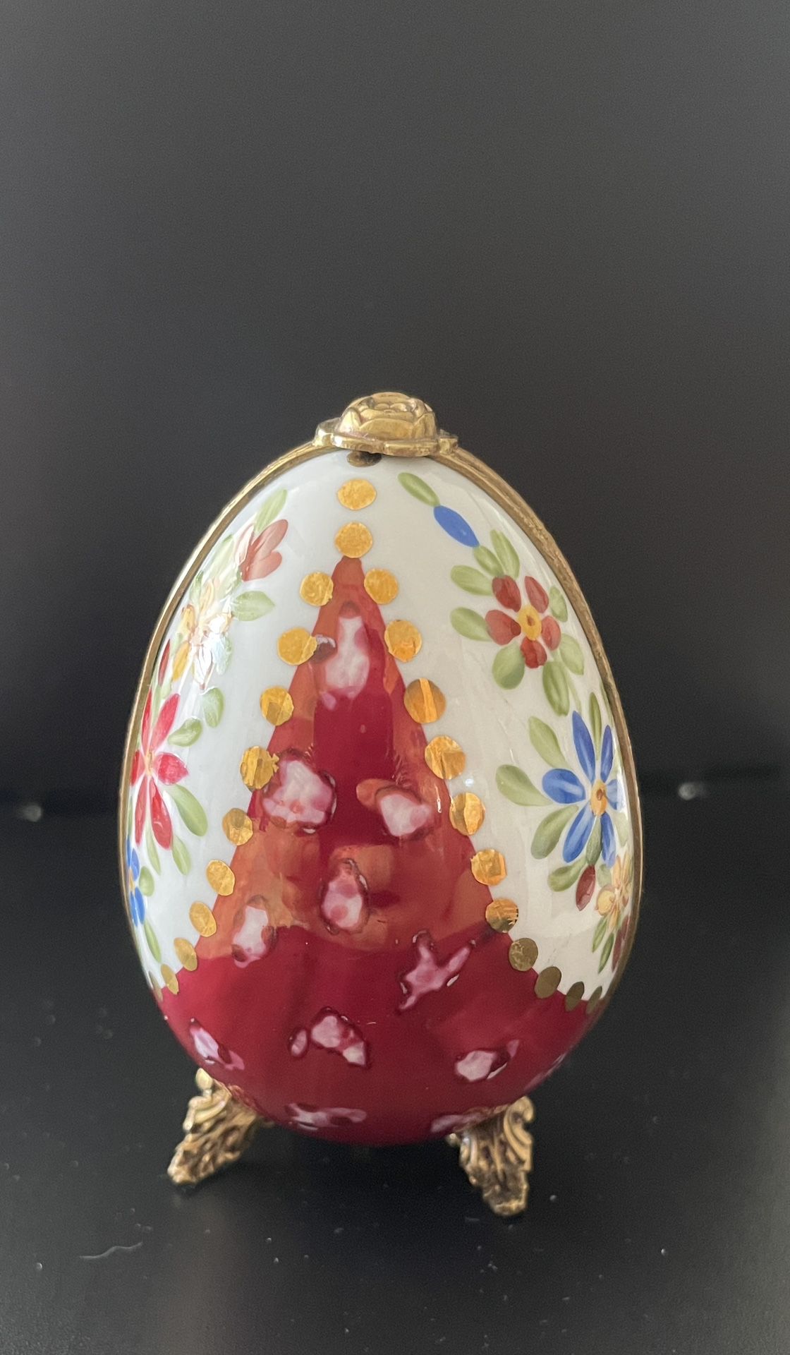  Limoges Red/floral footed egg perfume box