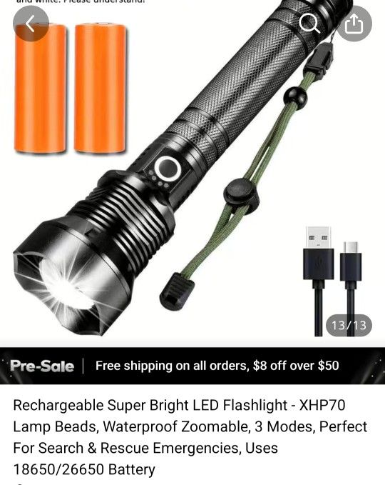 Rechargeable Super Bright LED Flashlight - XHP70 Lamp Beads, Waterproof Zoomable, 3 Modes, Perfect For Search & Rescue Emergencies, Uses 18650/26650 B