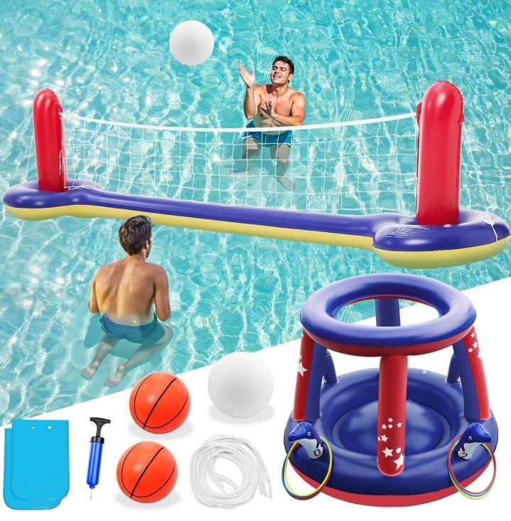 3 in 1 Pool Volleyball Net Basketball Hoop Ring Toss Game Inflatable Floats Water Floating Volleyball Swimming Pools Party Game