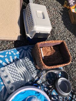 Different pet supplies. Leopard print car seat. Dog Bowls, pet carrier, and scratchpad