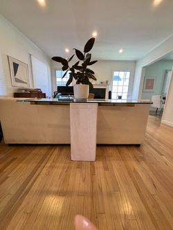 Vintage Travertine brass and glass console table