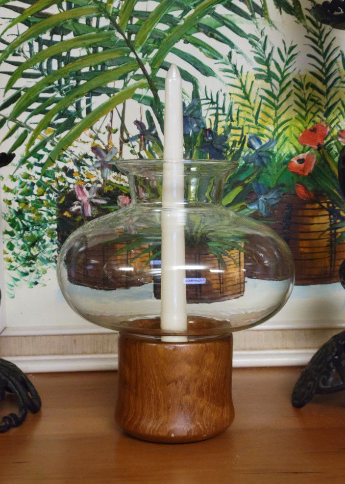 Vintage Teak Wood Hurricane Glass  Candlestick/Votive Holder
