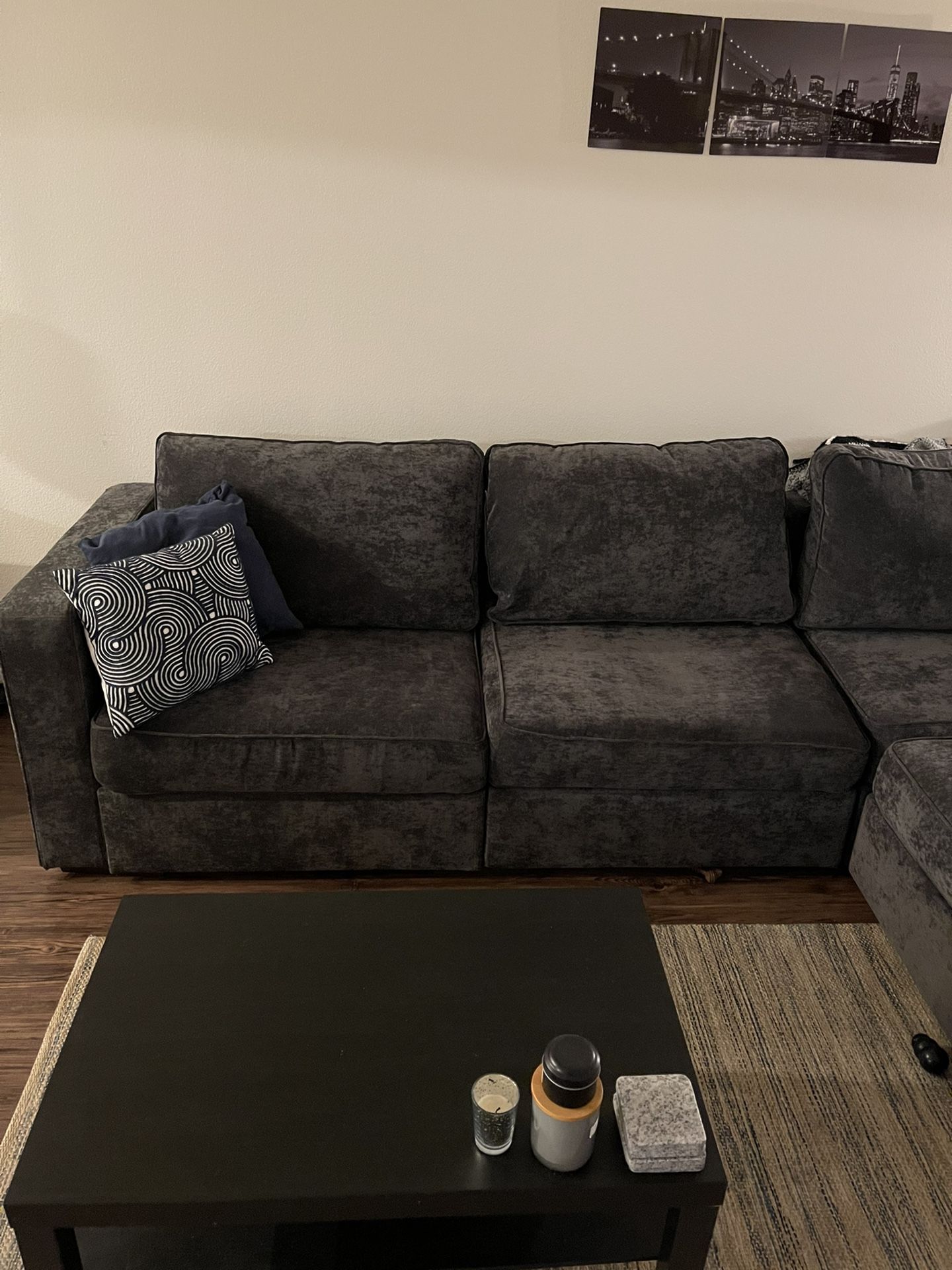 LoveSac Sactional Couch, 4 Seats, 5 Sides, Charcoal Grey Corded Velvet