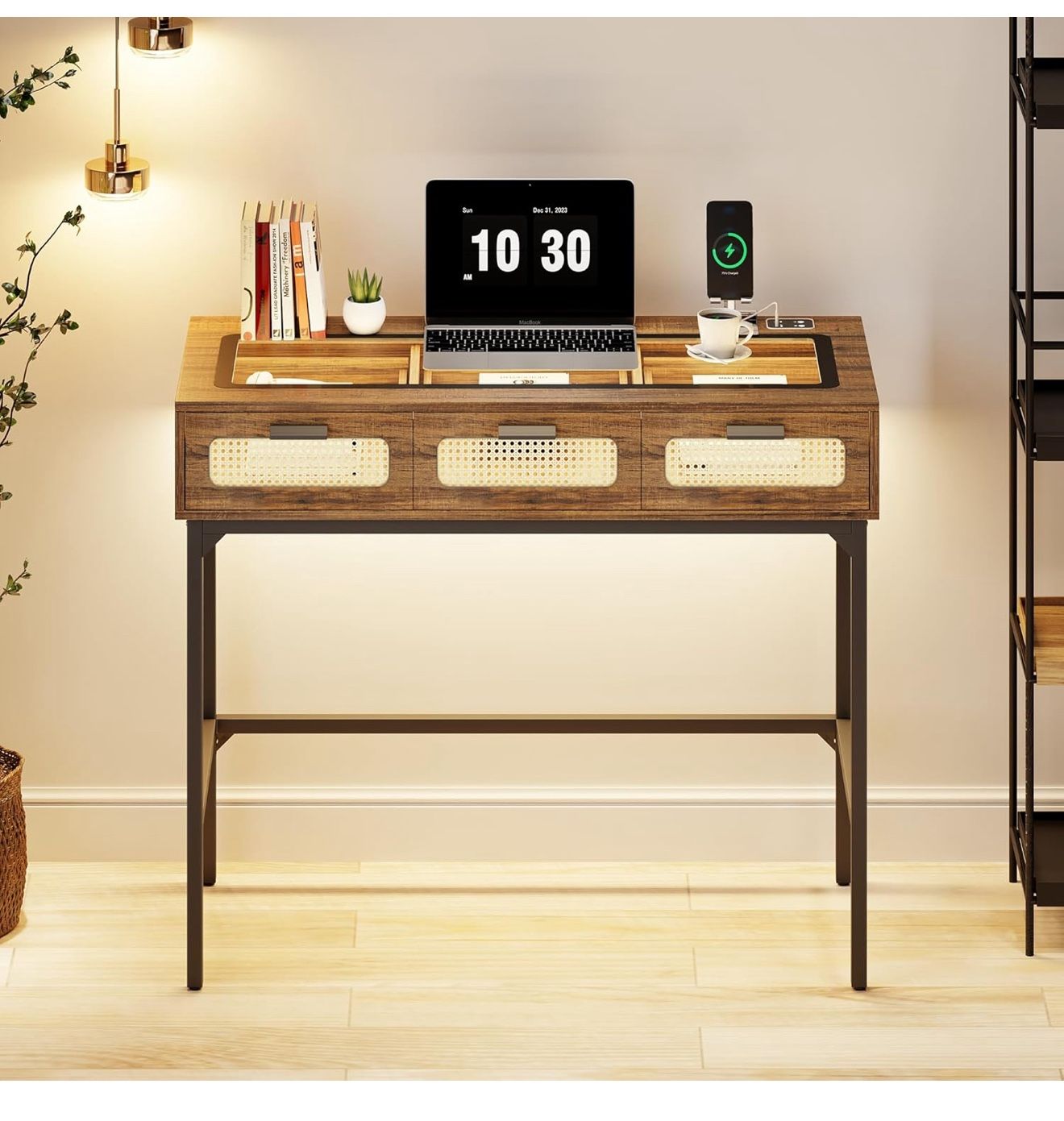 Makeup Vanity with LED Lights, Vanity Desk with Glass Top Design & Charging Station, Wooden Makeup Table with Rattan Drawers, Wood Dressing Table Offi