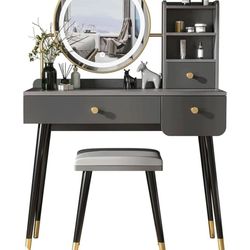 Vanity Table 3-Color Lighted Mirror Makeup Vanity Set with 2 Drawers Dressing Table Cushioned Stool Nightstand Vanity Desk