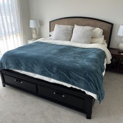 King Size Platform Bed – Black Wood, Storage Drawers, Padded Headboard