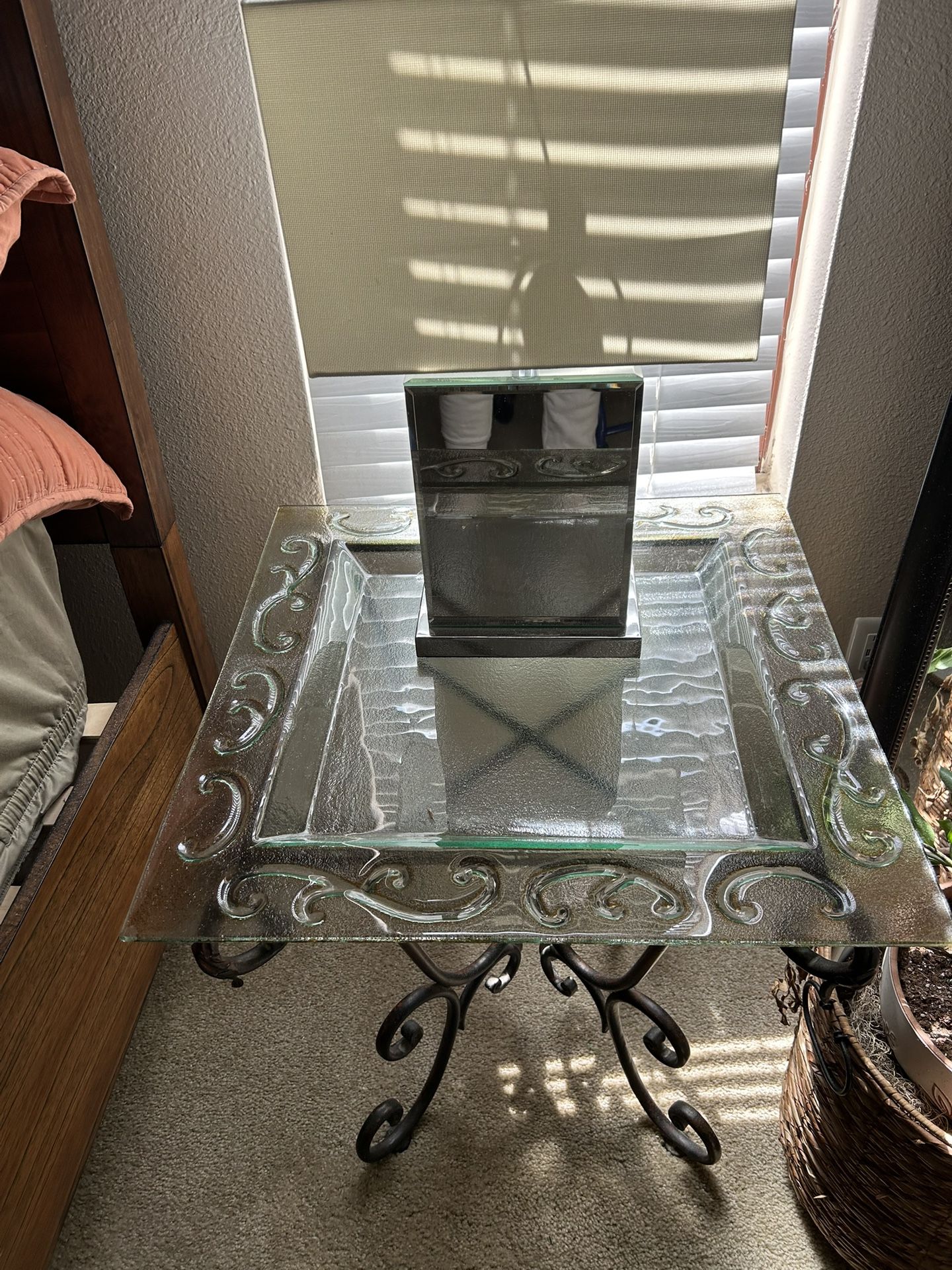 2 Glass End Tables With Mirrored Lamps