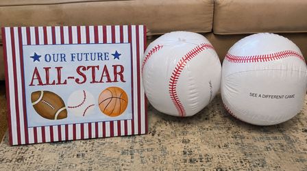 Baseball basketball football Sports Sign Measures approximately 20” H x 24” W x 2” D.  And two large inflatable baseballs
