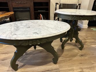 Genuine Italian Marble Table set | Victorian Pedestal Coffee Table & Turtle-Top Side Table