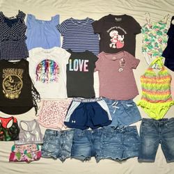 Bundle of girls summer clothing size Lg swimsuits, shorts, tops, sport bra, etc