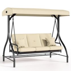 Outdoor Porch Swing with Adjustable Canopy, 3 Seat Patio Swing Chair Patio Glider with Removable Cushionfor Backyard, Garden, Poolside   Sp