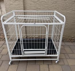 White Metal Dog Crate on locking rollers