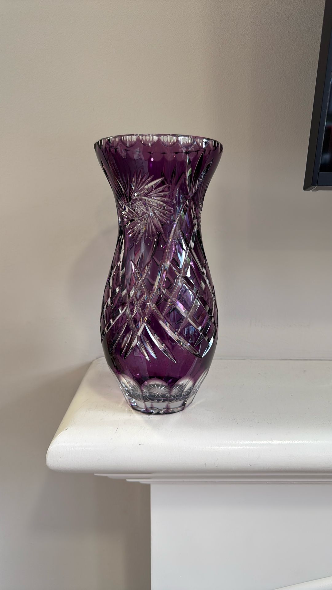 Amethyst Cut to Clear Lead Crystal Vase – 9.5” Bohemian Czech Hand-Cut Pinwheel Pattern