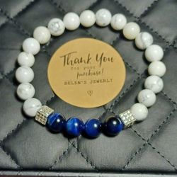 White Howlite Beads With Lake Blue Beads Unisex Bracelet