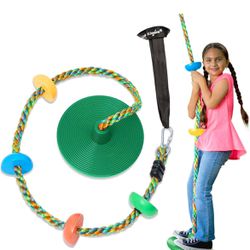 Jungle Gym Kingdom Tree Swing for Kids Green Disc/Rainbow Rope Swing