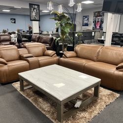 2PC Brown Leather Sofa & Loveseat w/ Wireless Charger & Power Recliners 