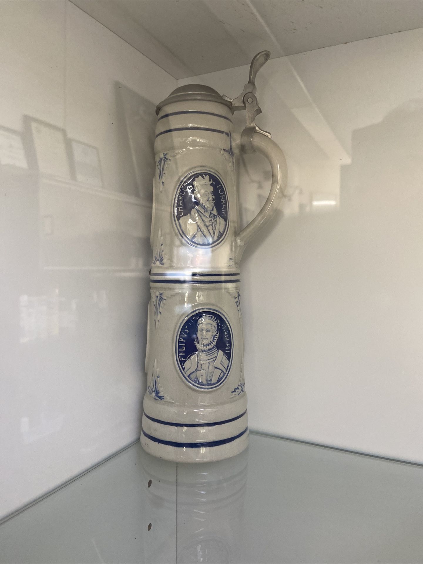 Antique Women's Beer Stein Stonewear Pewter lid Portrait