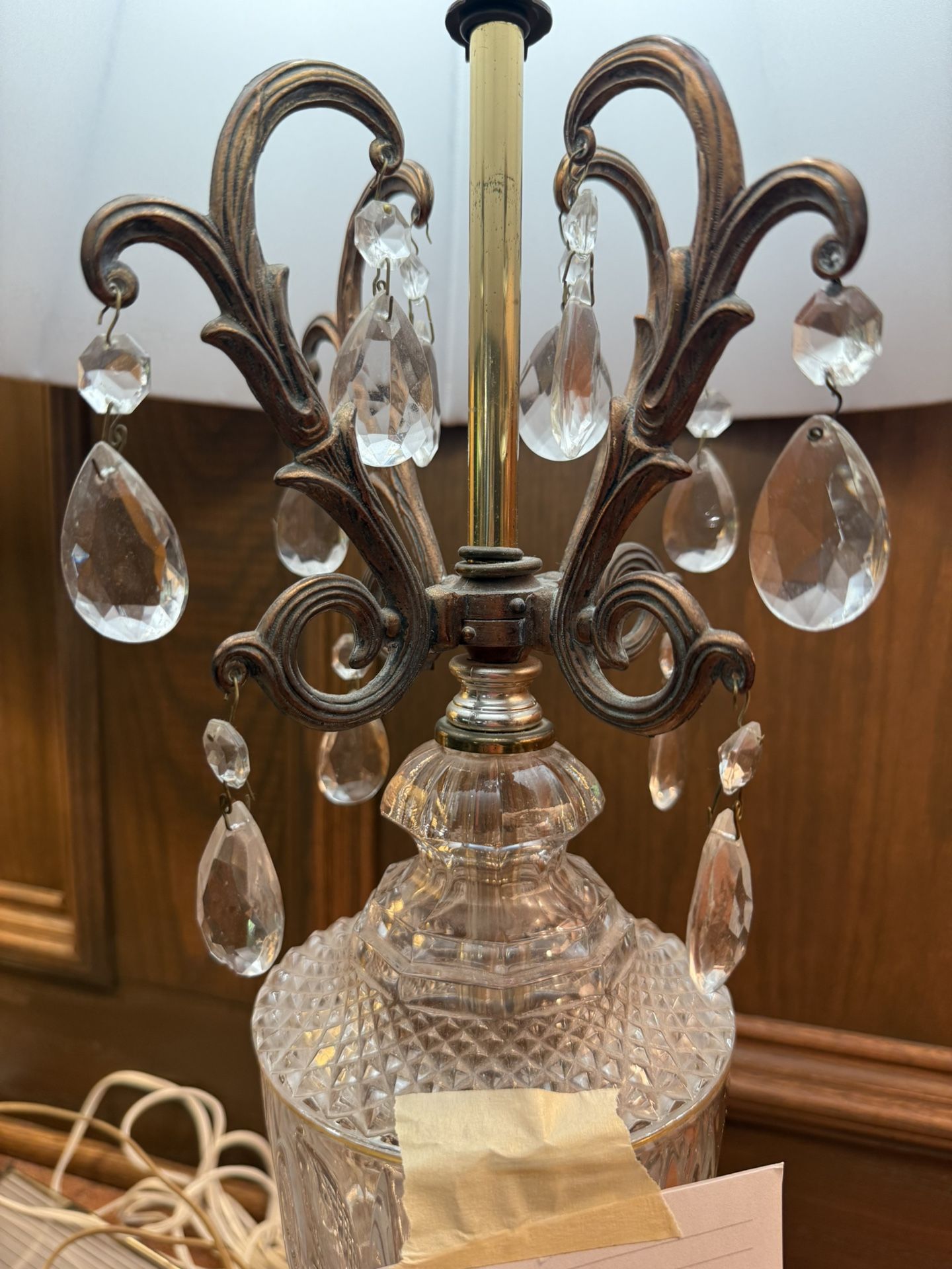 Two Matching Crystal And Brass Lamps
