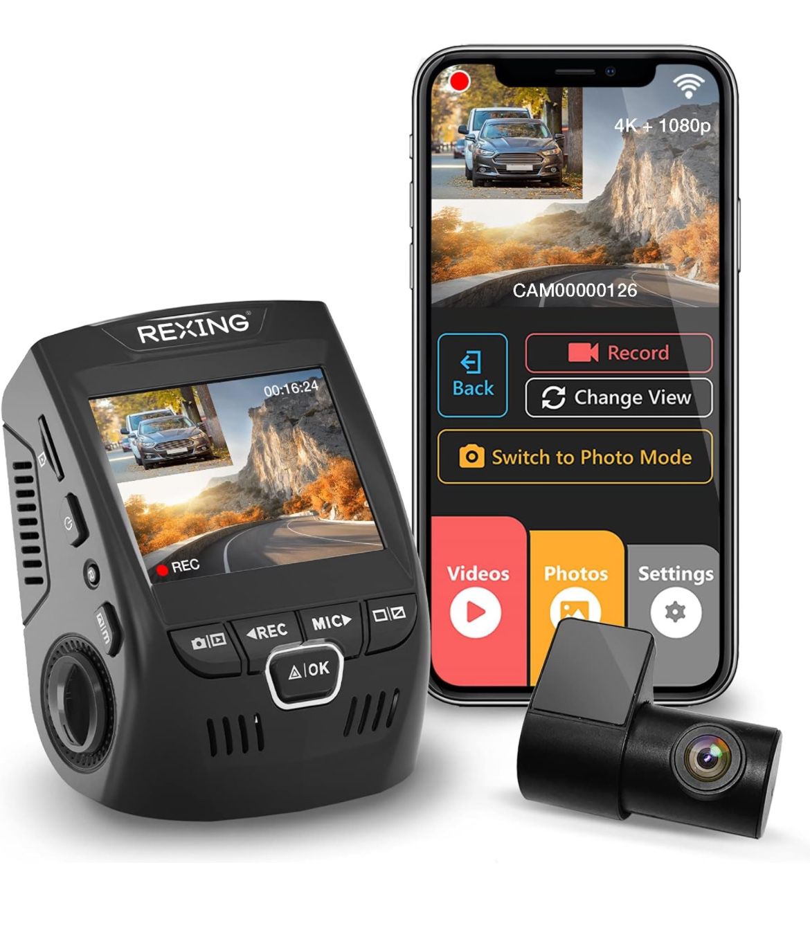 Rexing V1P 4K Car Dash Cam 2.4" LCD 2160p Front + 1080p Rear Wi-Fi