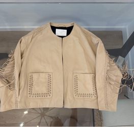 Zara Genuine Leather Fringe Jacket Western Boho Moto Beige Size S