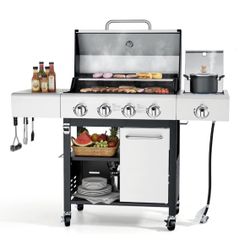 Propane Gas Grill, 4-Burner BBQ Grill with Side Burner, 50,000 BTU Stainless Steel Outdoor Grill with Wheels for Patio, Backyard & Family Cooking