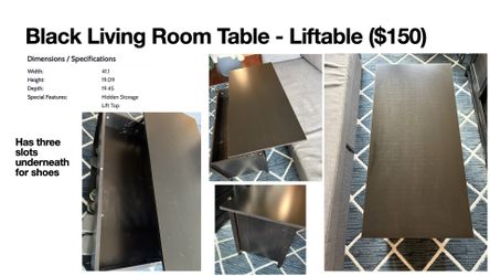 Black Tables - Long black, liftable living room, C-Table ($250 for all 3)