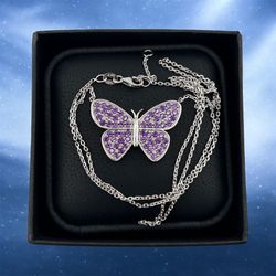 14k White Gold Butterfly Pendant Necklace with Purple Amethyst