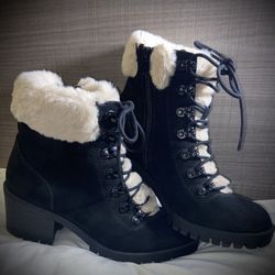 Womens 8 8M Madden Girl Faux Fur Black Lace Up Fashion Boots