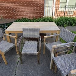 wood outdoor table and six chairs ready for new stain