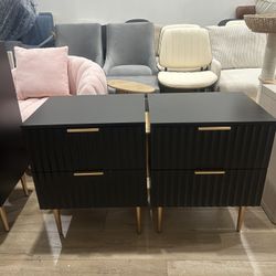 Night Stand Set 2, Fluted Glossy Nightstand with 2 Drawers, Wide Modern Storage Bedside Table for Bedroom, End Side Table with Golden Metal Legs and H