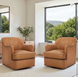 Carolayne Leather Accent Chair, 360°Swivel Accent Chair Set of 2, Modern Upholstered Accent Armchair Waterproof for Bedroom Living Room, Whiskey Brown
