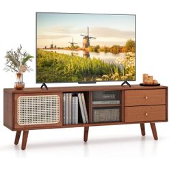 Costway Bamboo TV Stand Console Table with PE Rattan Door & 2 Drawers for TV up to 65" Brown