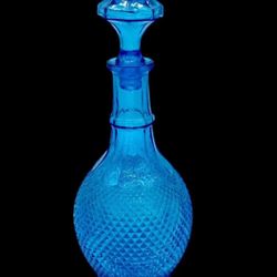 Vintage Empoli Blue Diamond Point Cut Glass Bottle Decanter Faceted Stopper 13"