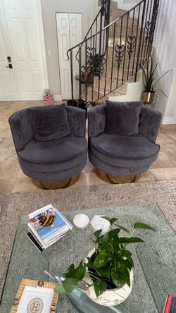 Set of 2 Gray Velvet Swivel Accent Chairs with Gold Base – Excellent Condition