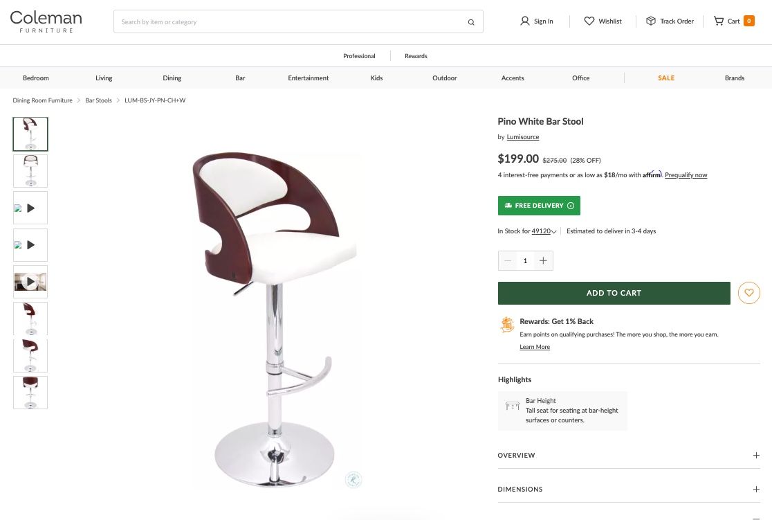 LumiSource Pino ADJUSTABLE BAR STOOLS / BAR CHAIRS / SWIVEL BAR STOOLS Chrome, Cherry, White