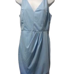 NWT Manydress medium light blue v-neck, asymmetrical knee length dress