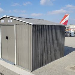 2024 (Brand New Inboxes & Assembly Req’d :) D6FTxW8FTxH6.3FT Metal Storage Shed Yard Lawn Garden Outdoor Backyard 6x8 Storage Sliding Doors Grey