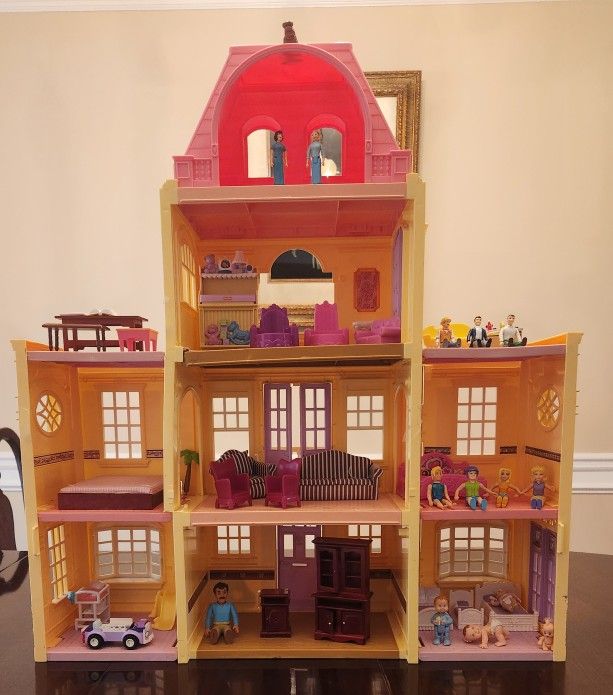 Fisher Price Loving Family Grand Mansion Twin Time Folding Doll House with Furniture 