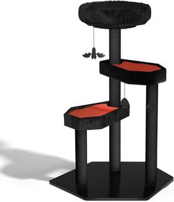Multi-Level Gothic Cat Tree with Coffin Bed - 52.6" Black Cat Tower with Soft Mats (Red) (Red, Large) Integrated Coffin Platforms: Seamles