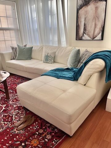 White Pure Leather Sectional Couch 