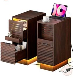 😀 2Pcs REAHOME Narrow Fluted Nightstand, Wooden Small 2 Drawers Night Stand with Storage Fluted, LED Slim Bedside Table with Charging Station, Tall S