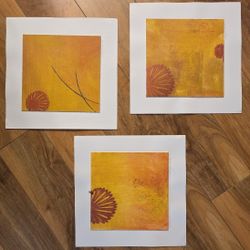Set of 3 Abstract Floral Paintings – Warm Yellow and Orange Series