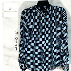 Worthington PM Black and White Geometric Blouse hidden front silver buttons